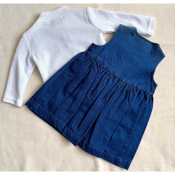 Vintage 90s Piano Kids Fashion Jumper Dress & Shirt Set Girls 2T Denim Floral - Picture 3 of 5